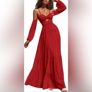 LYANER Dress Women's Size Small‎ Puff Long Sleeve Strappy Flowy Maxi Dark Orange